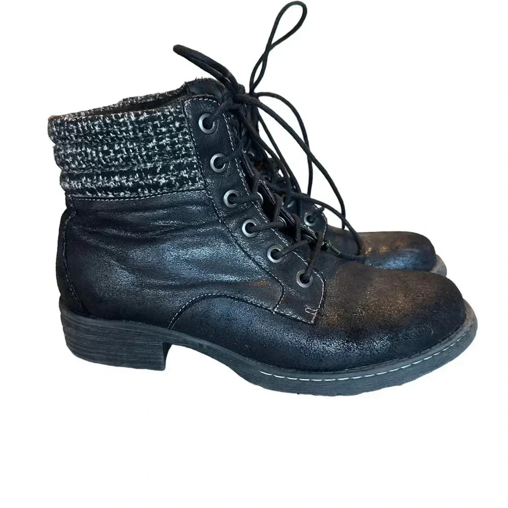 b.o.c. Born Concept Combat Ankle Boots 9.5M Black Knit Collar‎ Lace Up Casual
